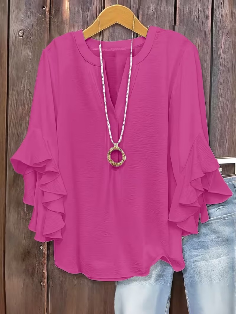 Women’s 4XL Hot Pink Ruffle Sleeve Blouse V-Neck Plus Size Top NWT